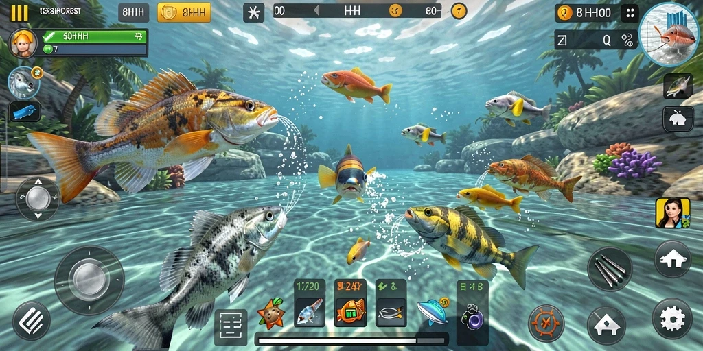 Tangkapan layar gameplay seru 8HHH dengan aksi menembak ikan.