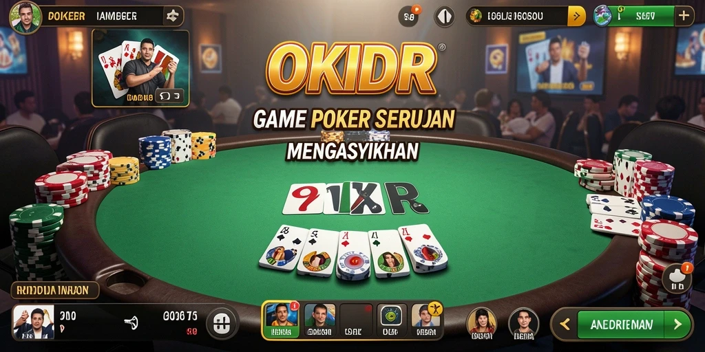 Tampilan gameplay seru di OKIDR dengan pemain poker dari berbagai latar belakang.