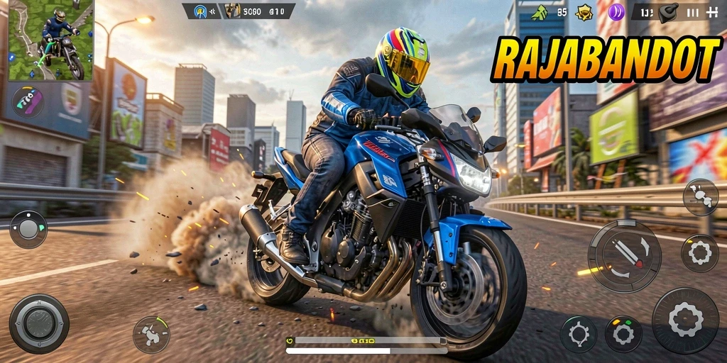 Screenshot gameplay RAJABANDOT menampilkan aksi balapan motor yang mendebarkan.