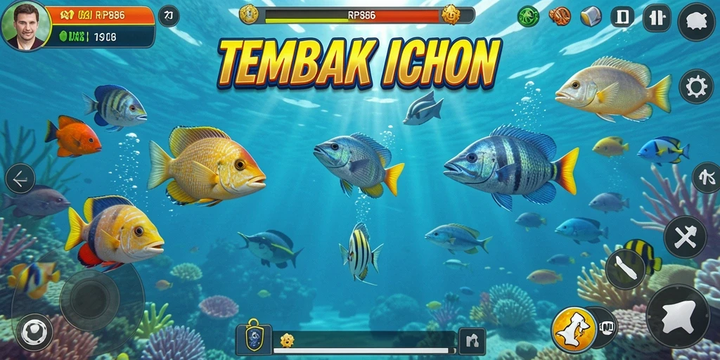 Screenshot gameplay RP886 dengan ikan berwarna-warni.