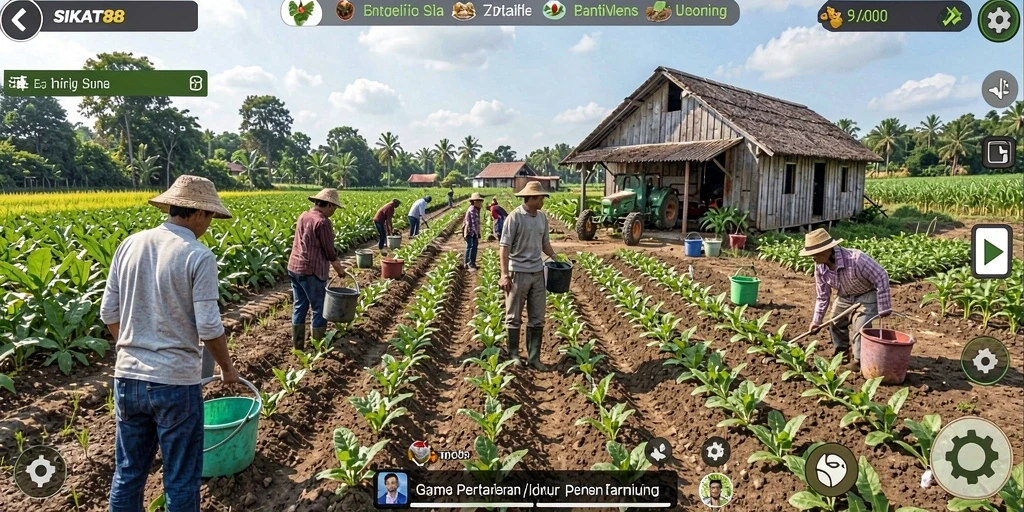 Tampilan gameplay SIKAT88 dengan lahan pertanian hijau dan hewan.