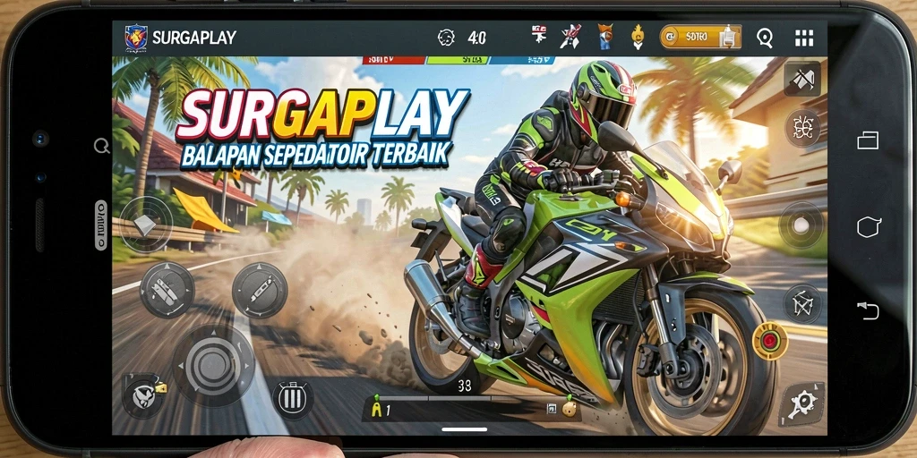 Gameplay seru dalam SURGAPLAY dengan balapan motor yang menegangkan.